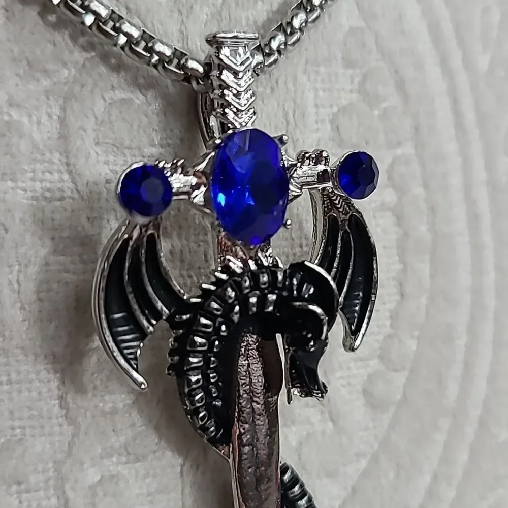 Dragon Cross Sword Necklace Blue Stone Medieval Fantasy Gothic Silver Unisex 24